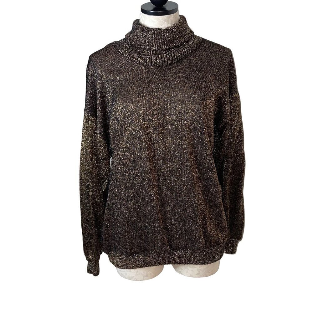 Christian Dior Loungewear Vintage Sweater Size Medium Brown Metallic Turtle Neck